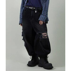 NWT Order Archive Baggy Wide Jeans in Destroyed Black Barrel Leg Size 30